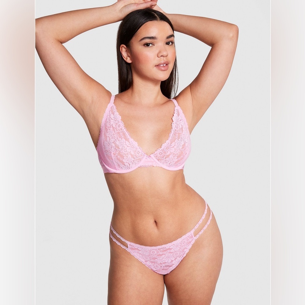 ✨💕NWT Victoria's Secret PINK Wink Charmed Fruit Strappy Thong Panty L Lace Pink💕